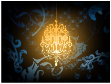 IMAGE: Shine Restaurant logo, bright elegant chandelier agianst art deco blue and black background.
